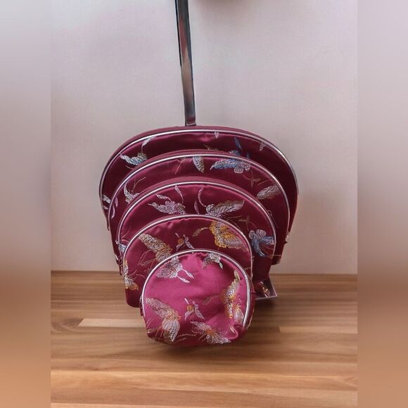 Handbags - Women's Burgundy 5 Cosmetic Bags with Beautiful Butterfly Pattern NWOT